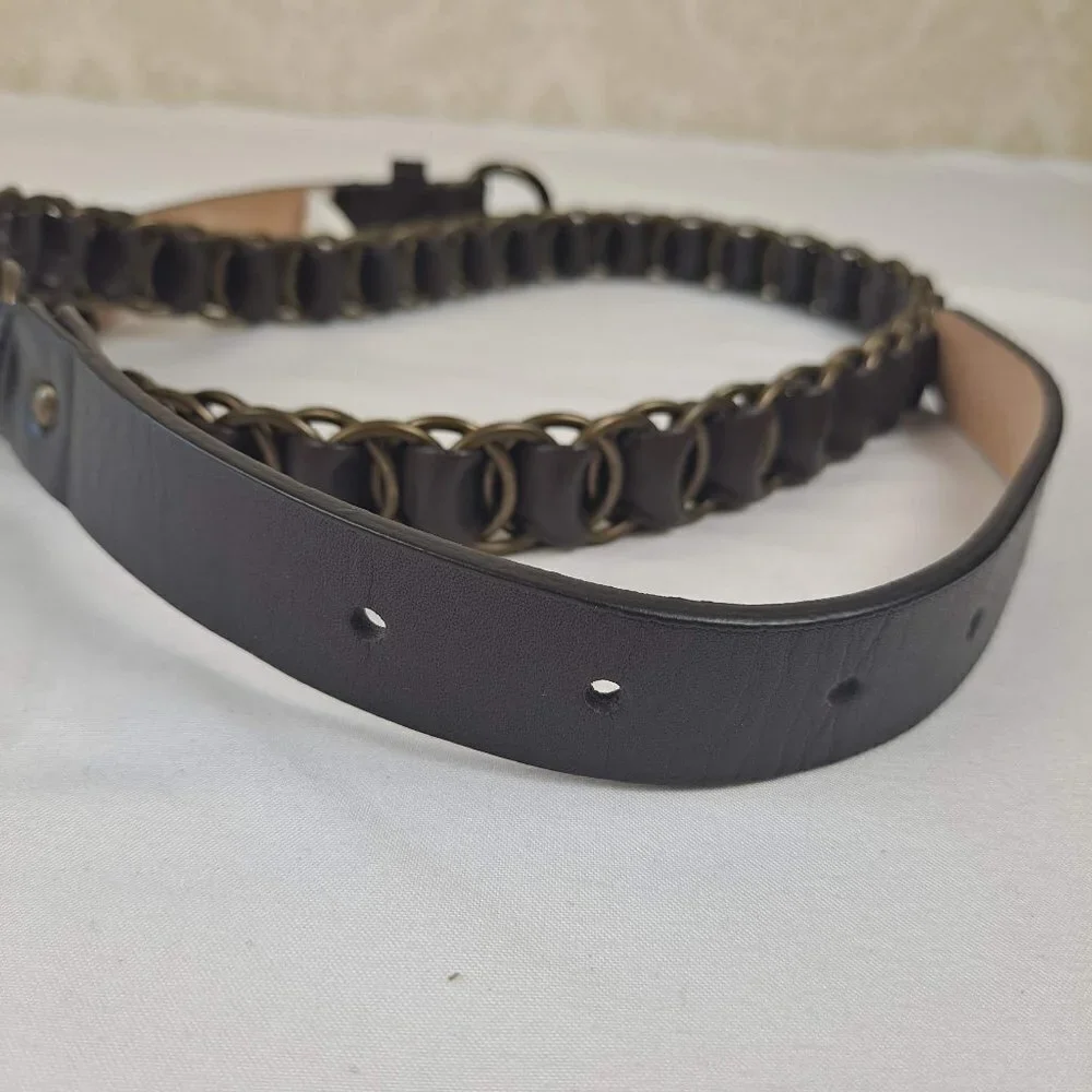 Talbots Size Large Brown Leather and Metal Ring Woven Belt Brass Toned Hardware